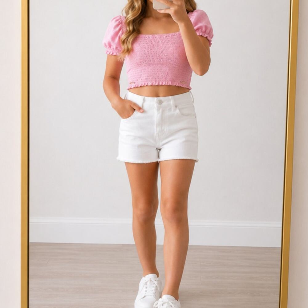 Tahari🌿 Girl Pink Smocked Crop Top Girls Size 12 Puff Sleeve Cottagecore